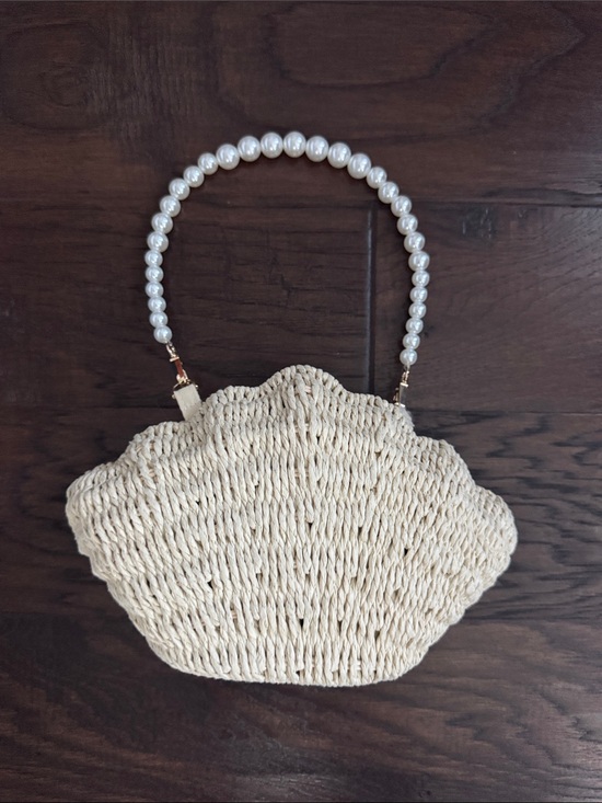 a new day Handbags - a new day Cream Raffia Shell Mini Bag with Pearl Handle